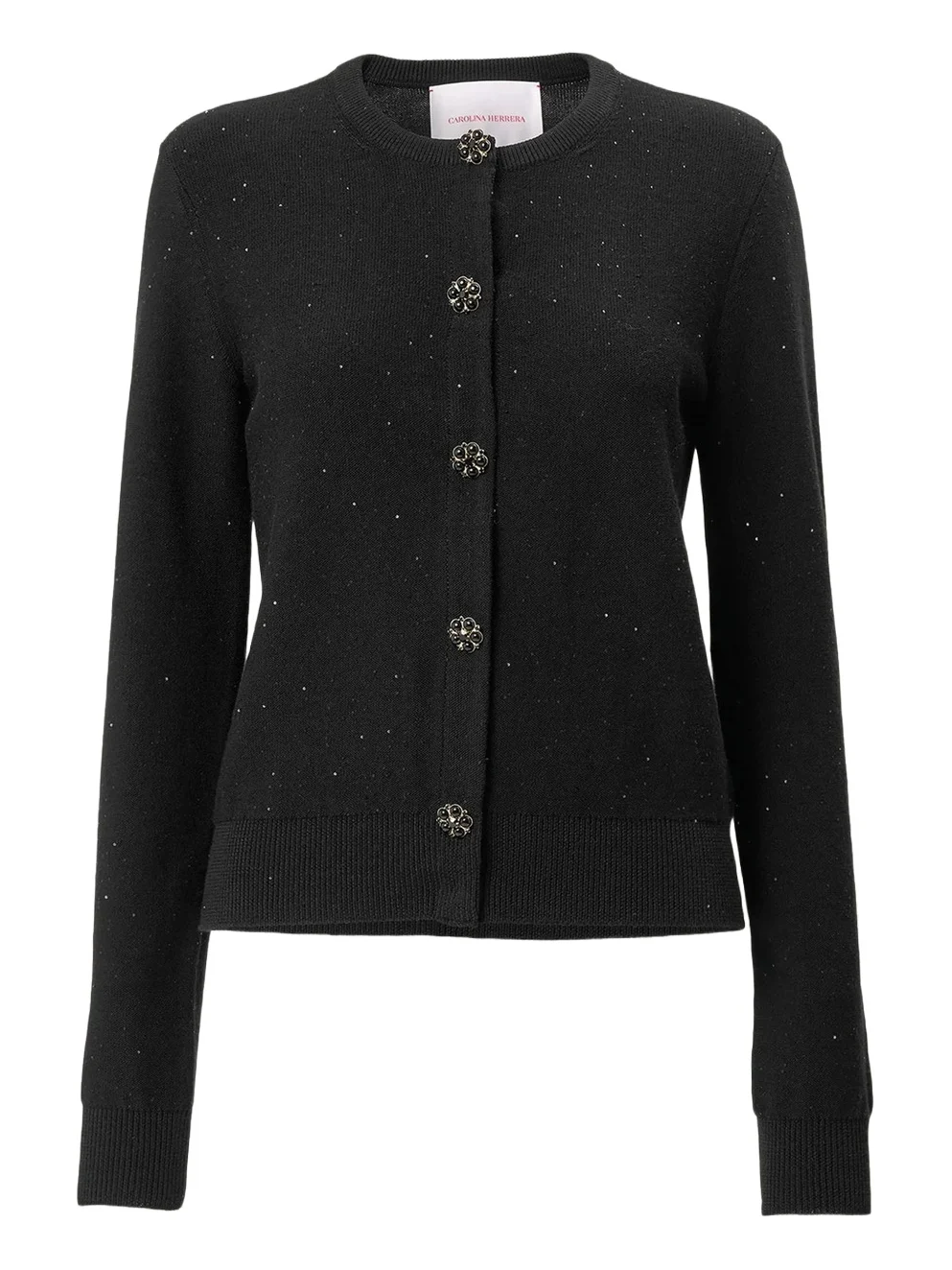 Embellished-Buttons Paillette Wool Crewneck Cardigan