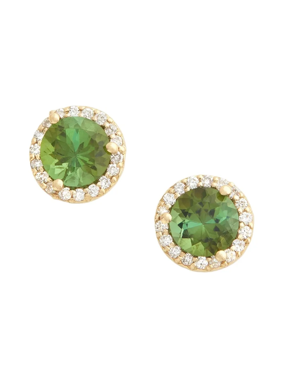 Jamie Wolf 18K Yellow Gold Green Tourmaline Diamond Halo Stud Earrings