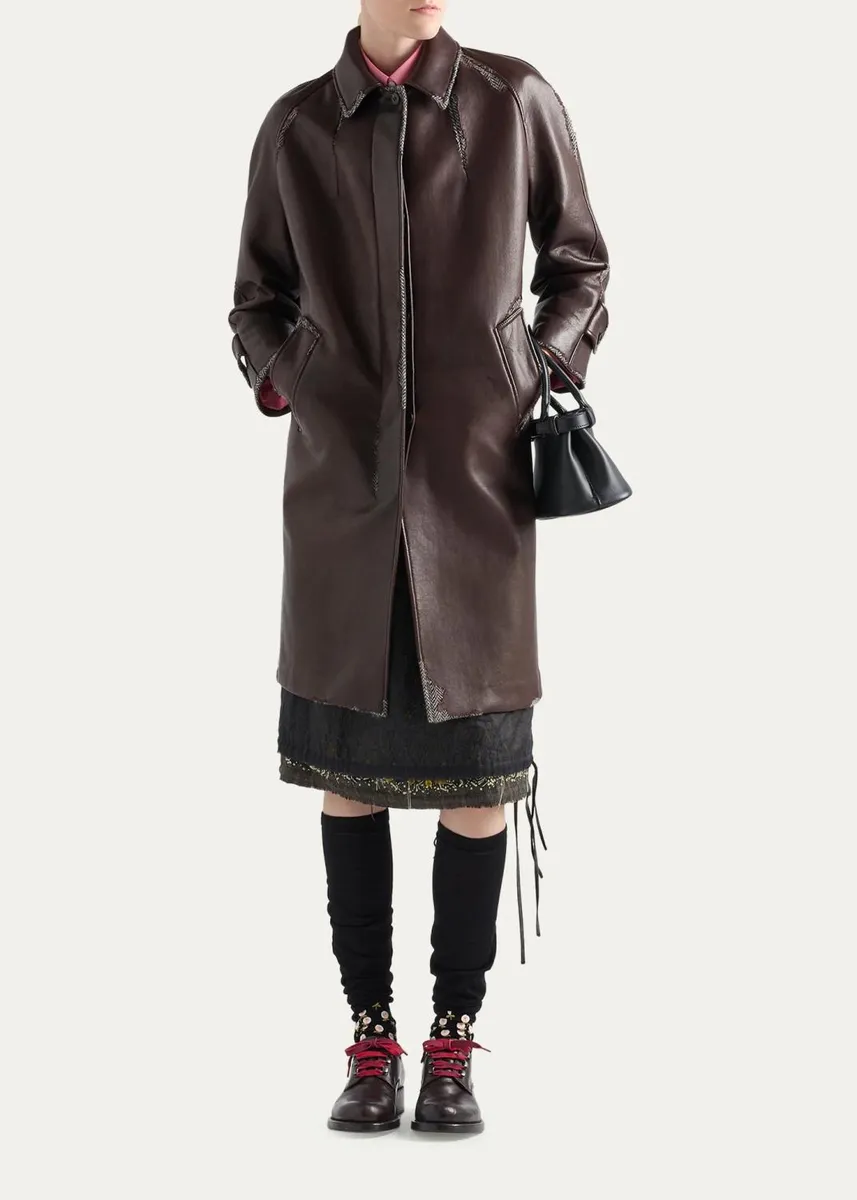 Prada Bonded Leather Houndstooth Long Coat | Thumbnail 2 Prada Bonded Leather Houndstooth Long Coat | Thumbnail 2