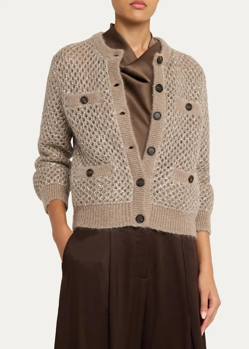 Brunello Cucinelli Flicker Mohair Mesh Diamante Knit Cardigan | Thumbnail 4