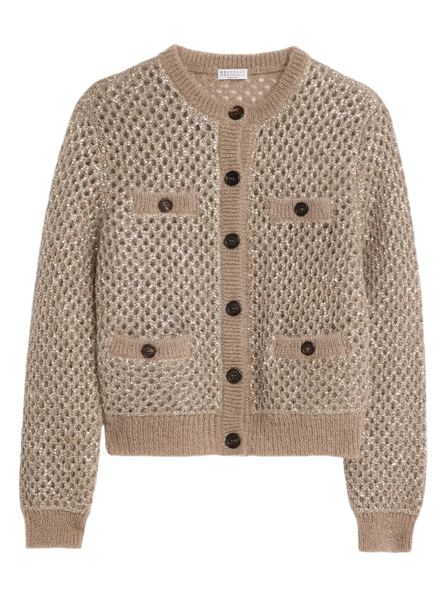 Brunello Cucinelli Flicker Mohair Mesh Diamante Knit Cardigan