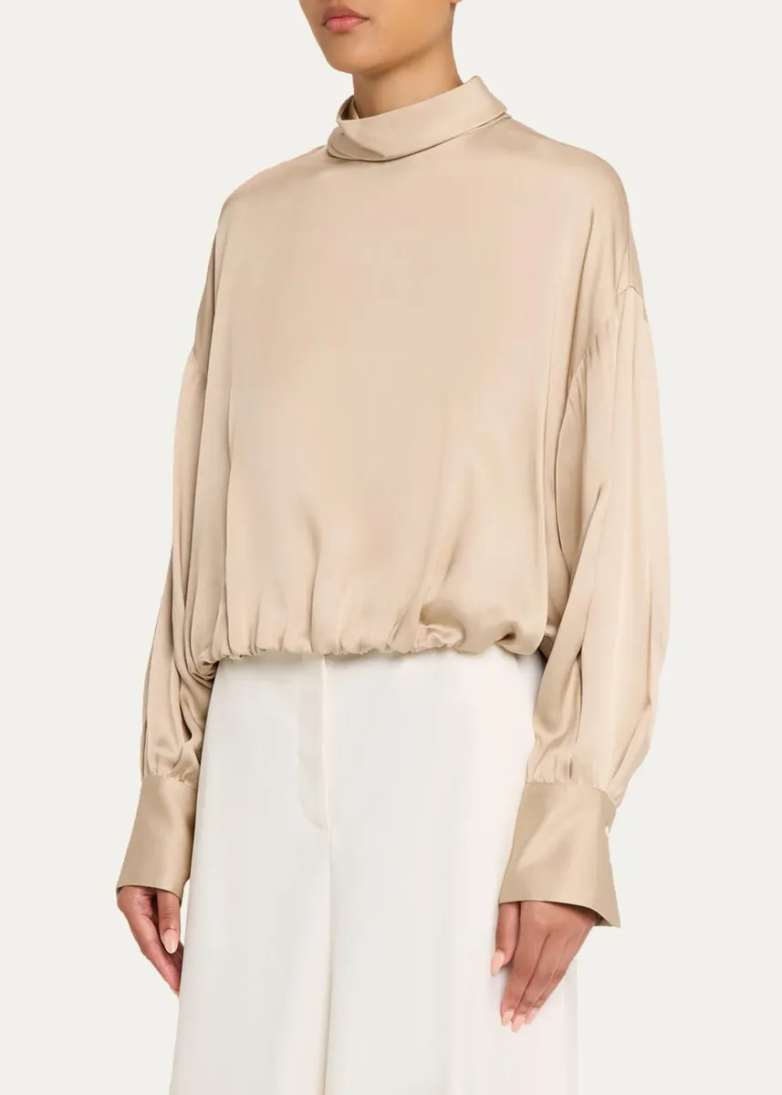 Brunello Cucinelli Fluid Silk Satin Long-Sleeve Bubble Blouse | Thumbnail 4 Brunello Cucinelli Fluid Silk Satin Long-Sleeve Bubble Blouse | Thumbnail 4
