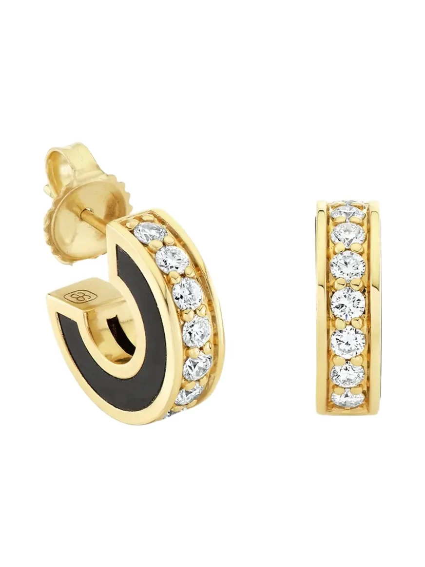 14K Yellow Gold Onyx Stone Inlay Earrings with Diamonds 14K Yellow Gold Onyx Stone Inlay Earrings with Diamonds