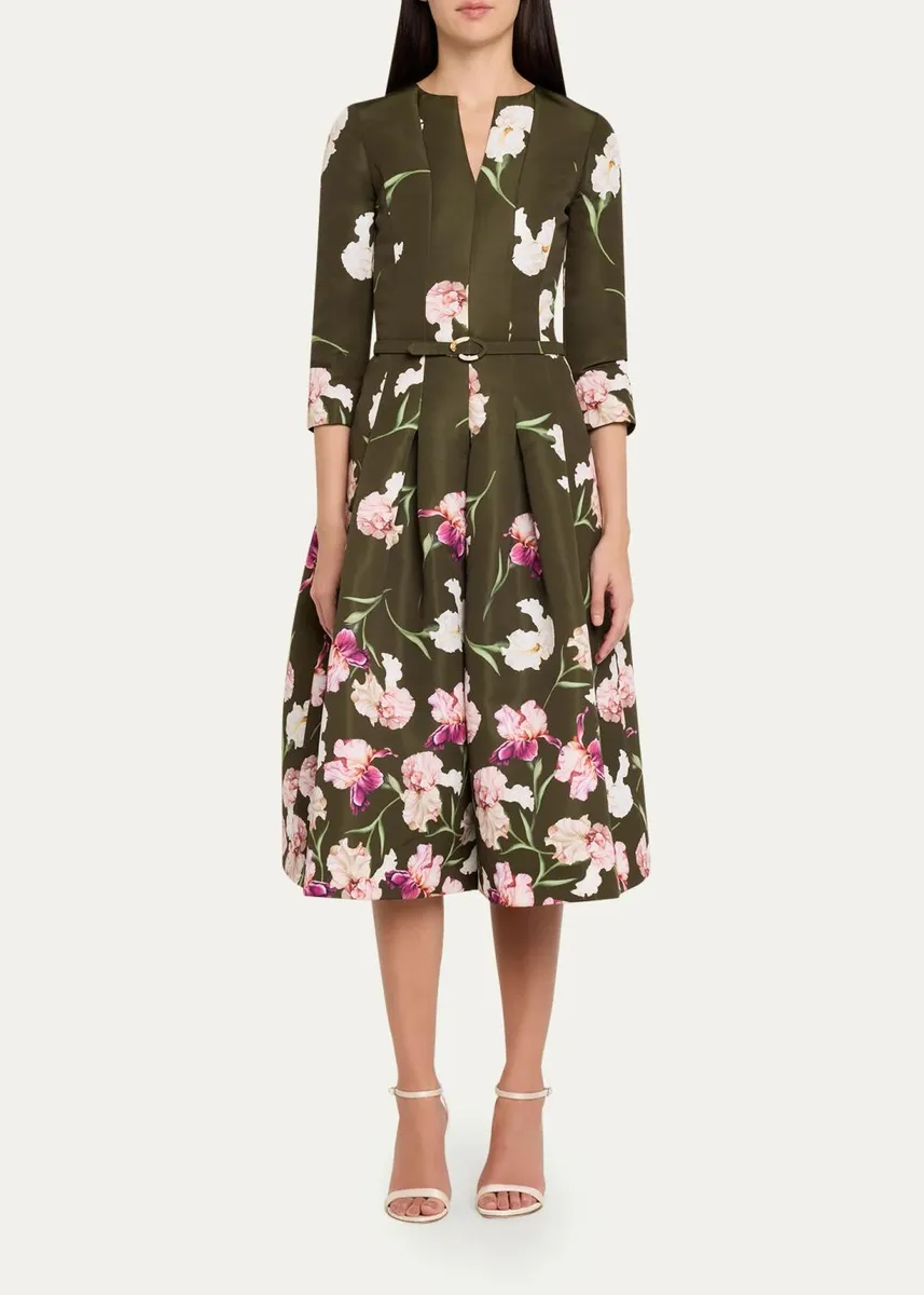 Oscar de la Renta Painted Iris Dégradé Faille Split-Neck Midi Dress | Thumbnail 2 Oscar de la Renta Painted Iris Dégradé Faille Split-Neck Midi Dress | Thumbnail 2