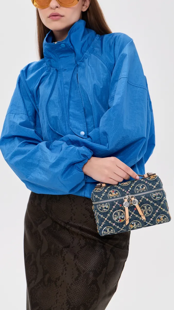 Tory Burch Romy T Monogram Denim Embellished Slim Pouchette | Thumbnail 3