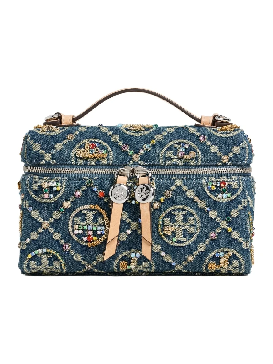 Tory Burch Romy T Monogram Denim Embellished Slim Pouchette