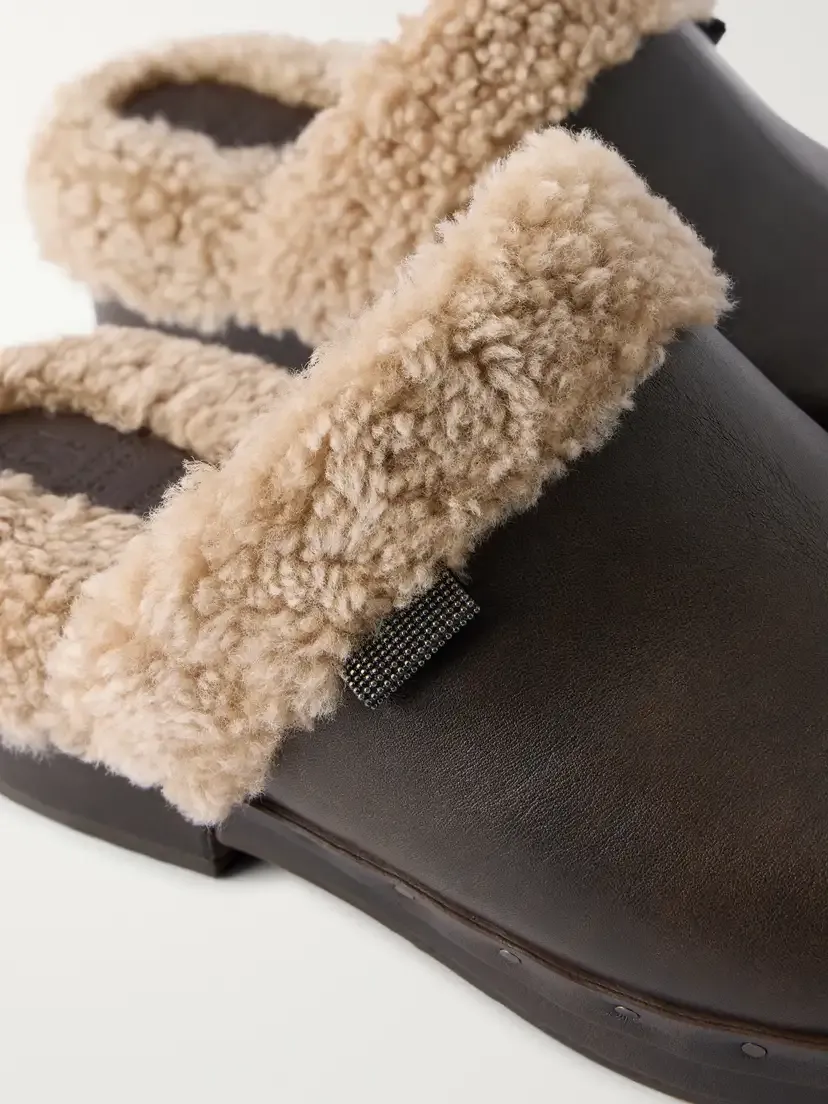 Brunello Cucinelli Monili-embellished Shearling-trimmed Leather Clogs | Thumbnail 5 Brunello Cucinelli Monili-embellished Shearling-trimmed Leather Clogs | Thumbnail 5