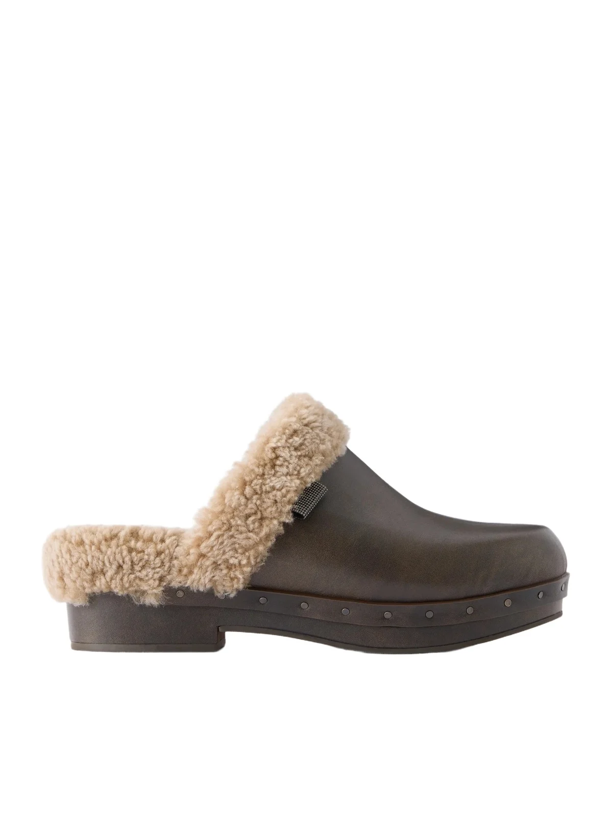 Brunello Cucinelli Monili-embellished Shearling-trimmed Leather Clogs