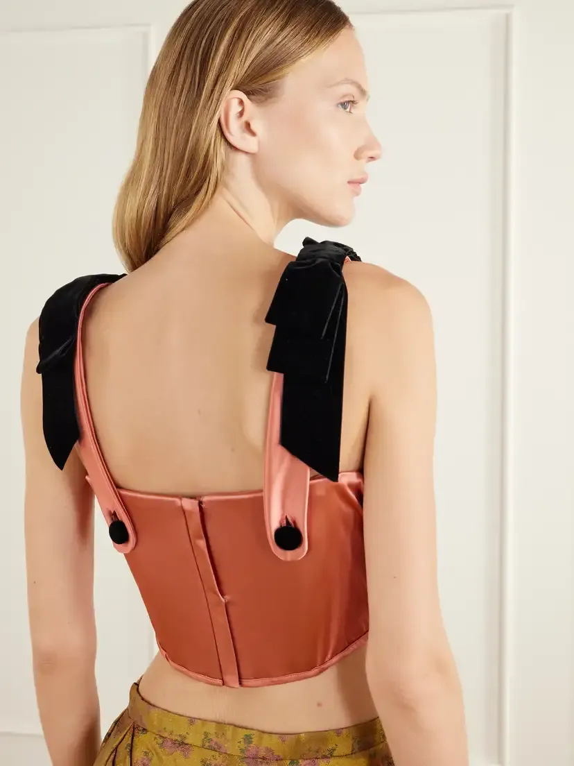 Vivienne Westwood Pussycat Bow-detailed Velvet-trimmed Duchess-satin Corset Top | Thumbnail 5