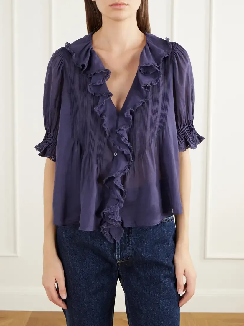 DÔEN Henri Ruffled Pintucked Lace-trimmed Organic Cotton-voile Blouse | Thumbnail 3