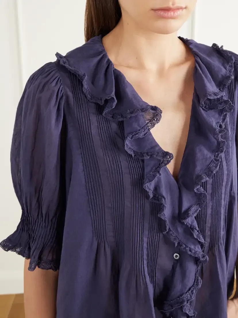 DÔEN Henri Ruffled Pintucked Lace-trimmed Organic Cotton-voile Blouse | Thumbnail 5