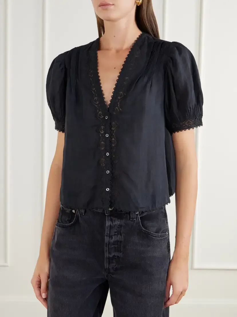 DÔEN Brigitta Lace-trimmed Pintucked Ramie Woven Blouse | Thumbnail 3 DÔEN Brigitta Lace-trimmed Pintucked Ramie Woven Blouse | Thumbnail 3