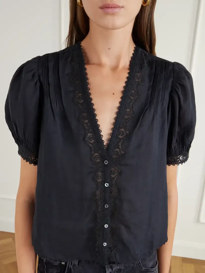 DÔEN Brigitta Lace-trimmed Pintucked Ramie Woven Blouse | Thumbnail 5 DÔEN Brigitta Lace-trimmed Pintucked Ramie Woven Blouse | Thumbnail 5