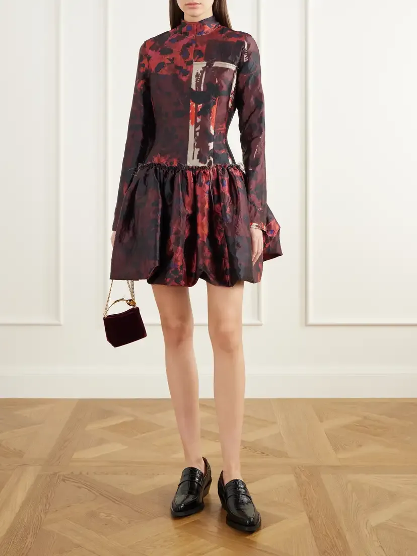 Erdem Frayed Printed Crinkled-satin Turtleneck Mini Dress | Thumbnail 2