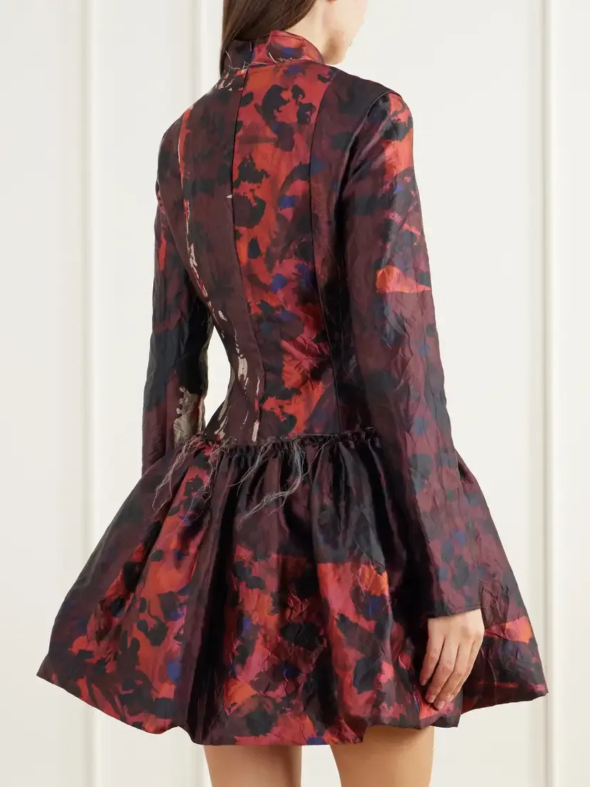 Erdem Frayed Printed Crinkled-satin Turtleneck Mini Dress | Thumbnail 3
