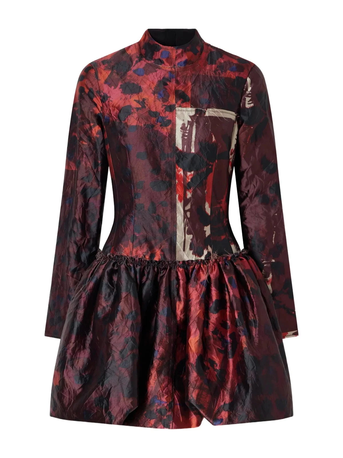 Frayed Printed Crinkled-satin Turtleneck Mini Dress