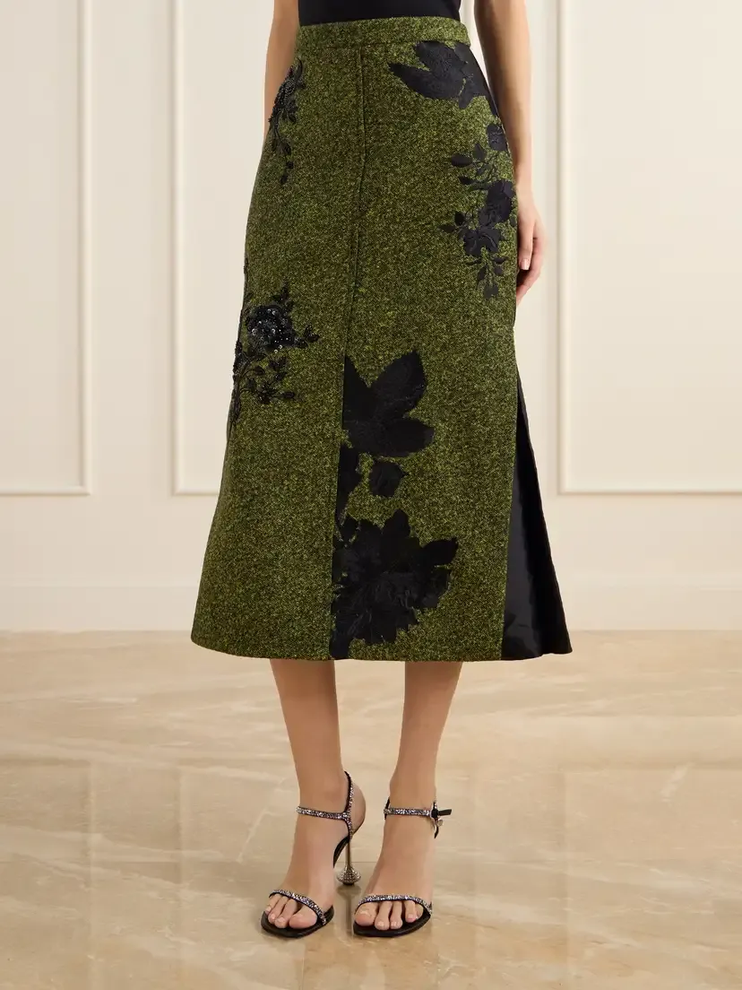 Erdem Embellished Floral-embroidered Pleated Satin And Twill Midi Skirt | Thumbnail 3