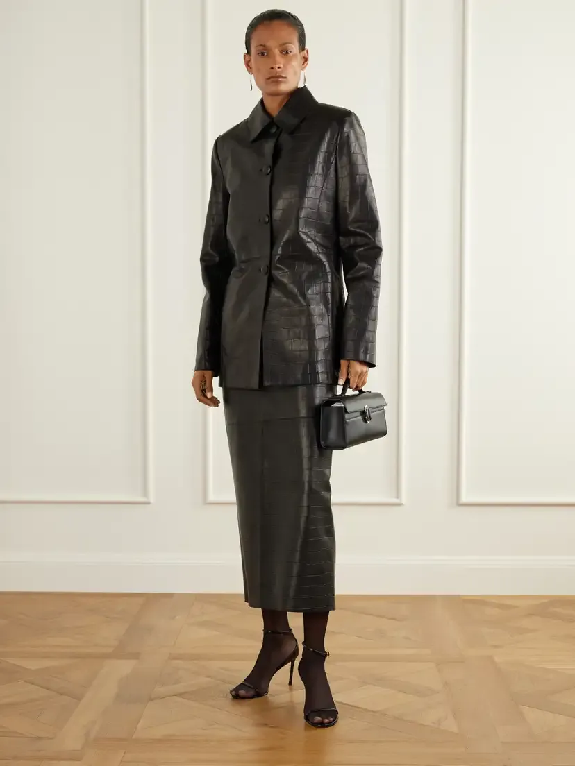 Nour Hammour Elyse Paneled Croc-effect Leather Midi Skirt | Thumbnail 2 Nour Hammour Elyse Paneled Croc-effect Leather Midi Skirt | Thumbnail 2
