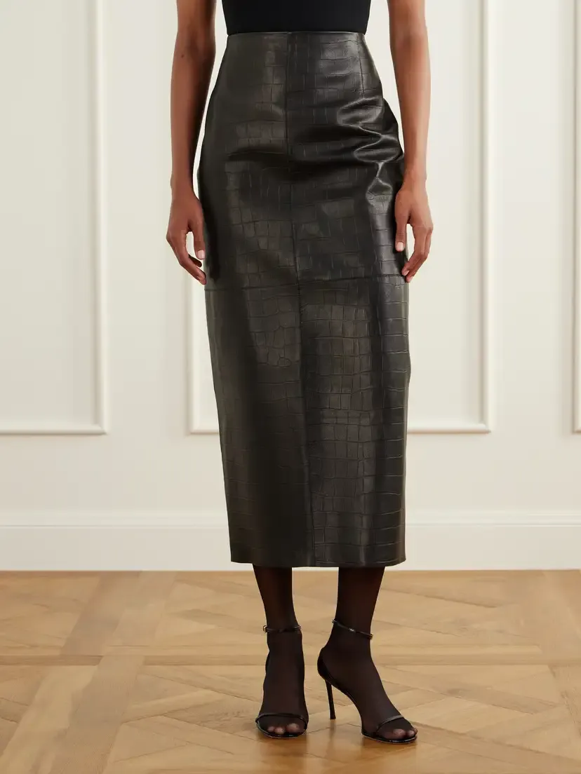 Nour Hammour Elyse Paneled Croc-effect Leather Midi Skirt | Thumbnail 3 Nour Hammour Elyse Paneled Croc-effect Leather Midi Skirt | Thumbnail 3