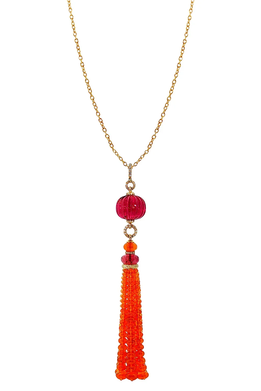 GOSHWARA Garnet Rubellite Fluted Bead Tassel Necklace