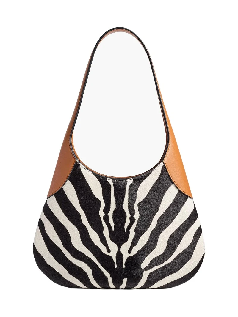 Khaite Small Joan Hobo In Zebra Print Haircalf And Tan Leather