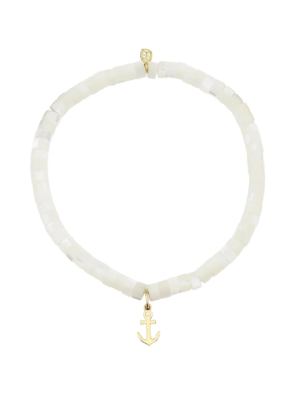 14K Yellow Gold Tiny Anchor Pendant and Mother-of-Pearl Bracelet