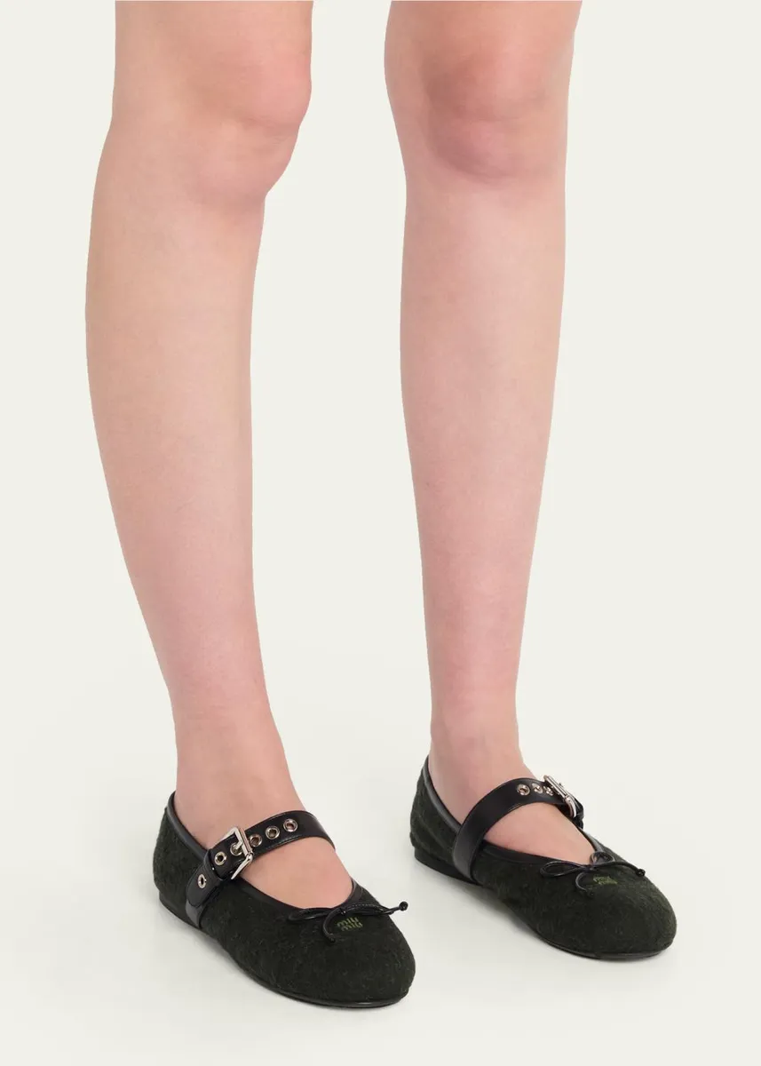 Miu Miu Flannel Leather-Strap Ballerina Flats | Thumbnail 6