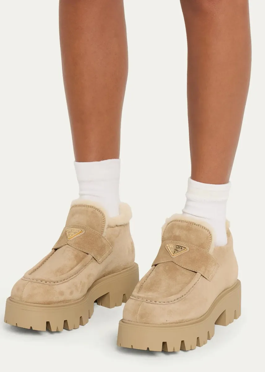 Prada 50mm Triangle Logo Shearling-Lined Suede Loafers | Thumbnail 2