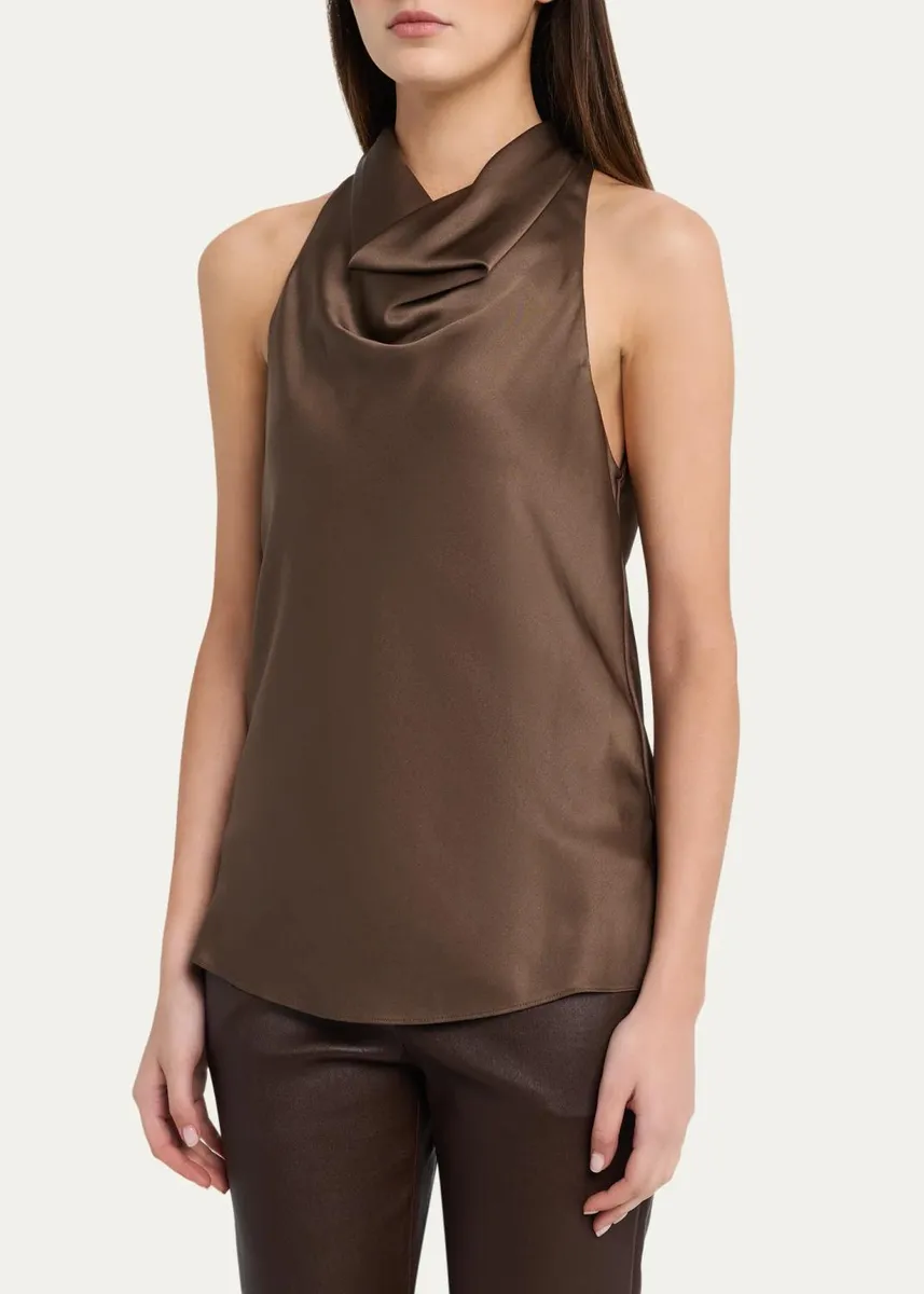 Brunello Cucinelli Fluid Silk Satin Cowl Halter Top | Thumbnail 4