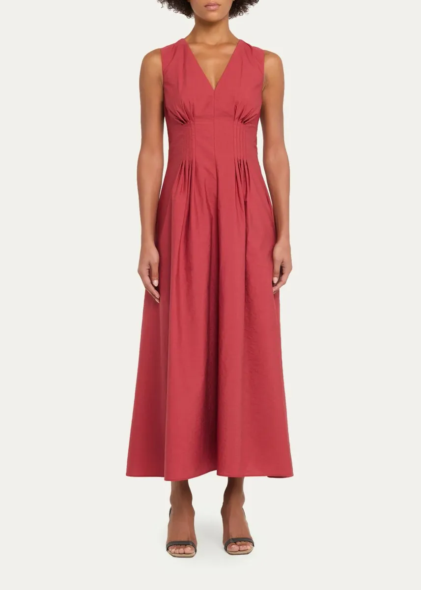 Brunello Cucinelli V-Neck Pleated Techno Cotton Poplin Sleeveless Midi Dress | Thumbnail 2