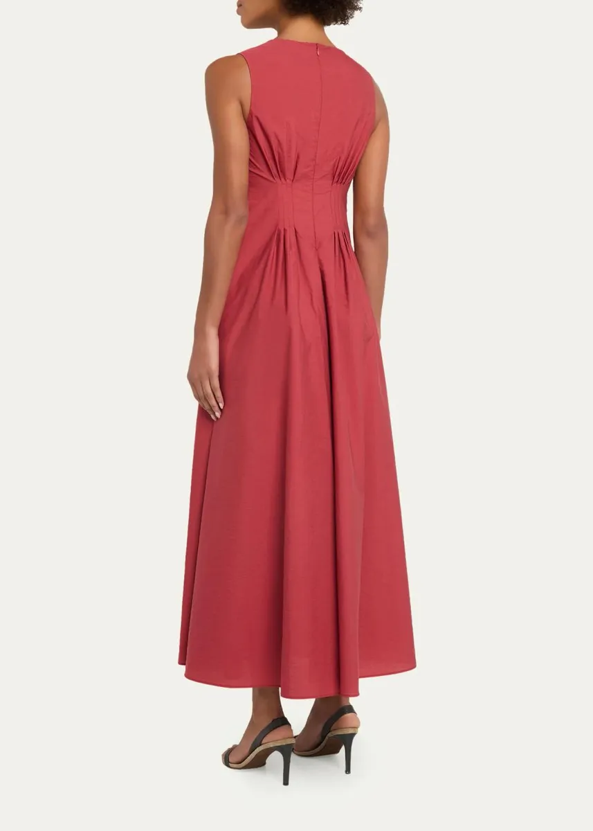 Brunello Cucinelli V-Neck Pleated Techno Cotton Poplin Sleeveless Midi Dress | Thumbnail 3