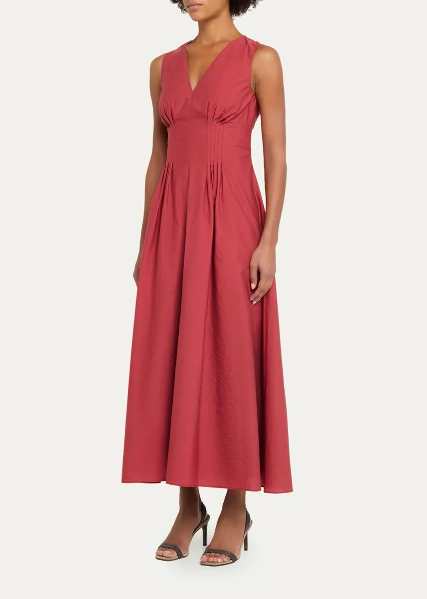 Brunello Cucinelli V-Neck Pleated Techno Cotton Poplin Sleeveless Midi Dress | Thumbnail 4