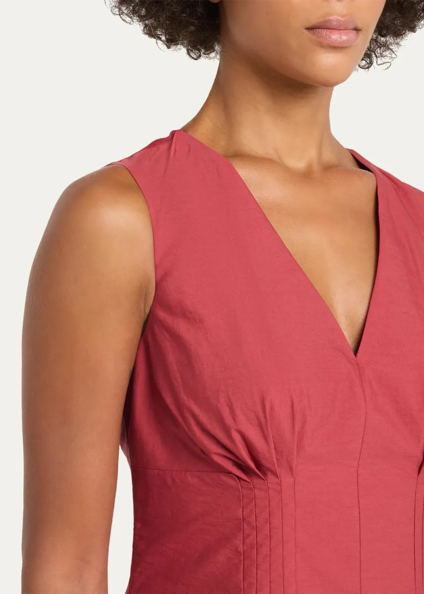 Brunello Cucinelli V-Neck Pleated Techno Cotton Poplin Sleeveless Midi Dress | Thumbnail 5