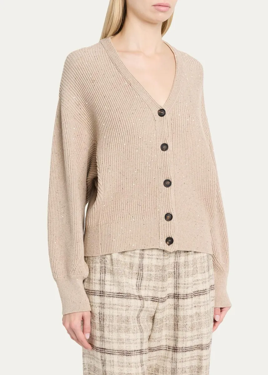 Brunello Cucinelli Shimmering Linen-Cotton Knit V-Neck Cardigan | Thumbnail 4