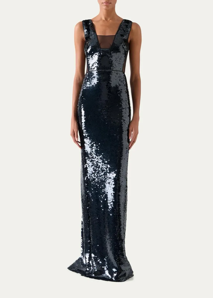 Akris Sleeveless Sequined Tulle Illusion Cutout Column Gown | Thumbnail 2