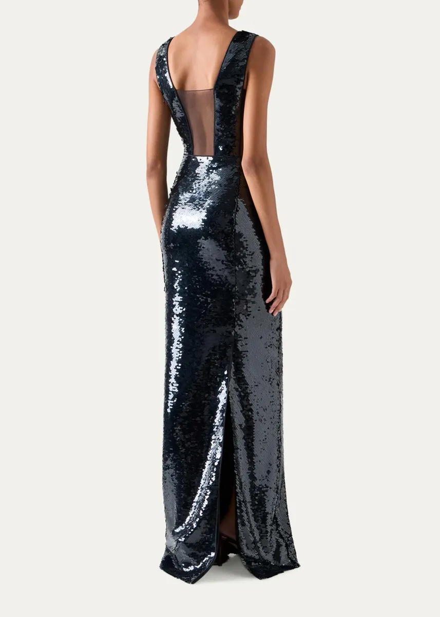 Akris Sleeveless Sequined Tulle Illusion Cutout Column Gown | Thumbnail 3