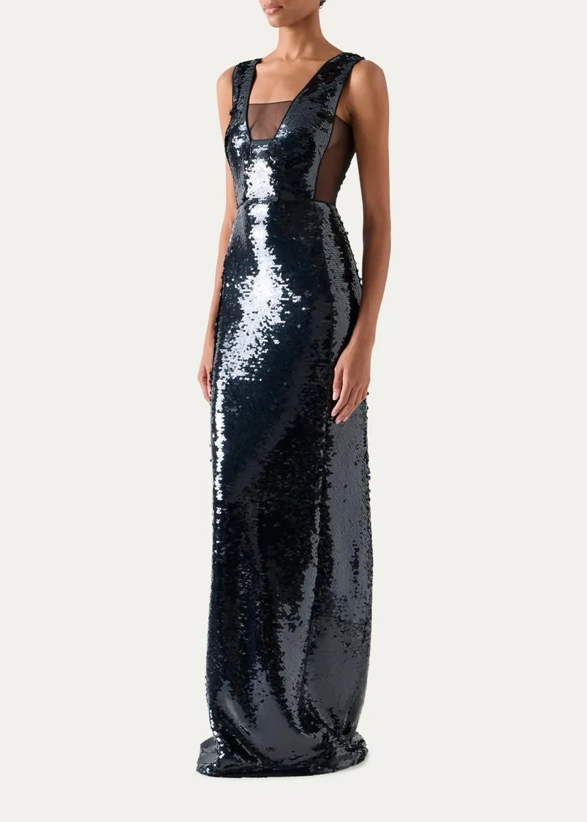 Akris Sleeveless Sequined Tulle Illusion Cutout Column Gown | Thumbnail 4
