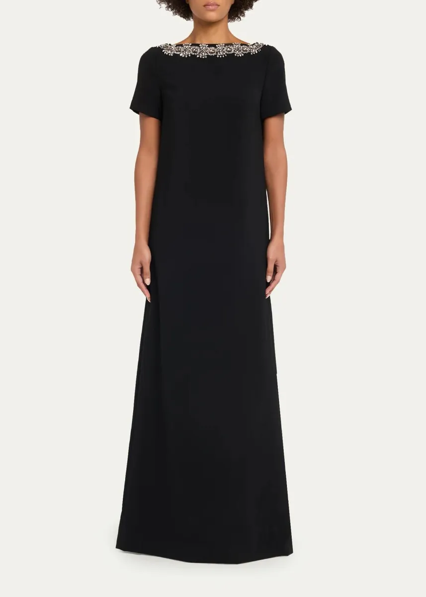 Carolina Herrera Embellished Boat-Neck Crepe Short-Sleeve Gown | Thumbnail 2 Carolina Herrera Embellished Boat-Neck Crepe Short-Sleeve Gown | Thumbnail 2