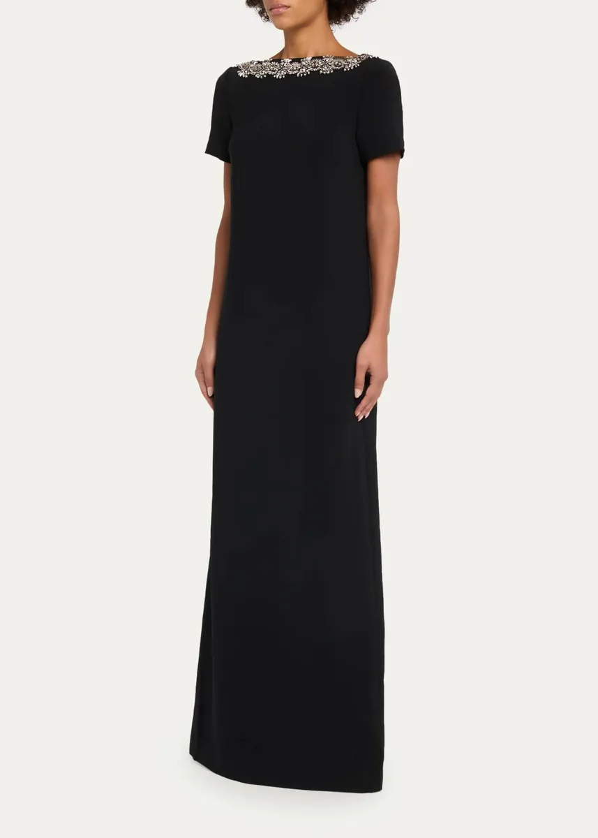 Carolina Herrera Embellished Boat-Neck Crepe Short-Sleeve Gown | Thumbnail 4 Carolina Herrera Embellished Boat-Neck Crepe Short-Sleeve Gown | Thumbnail 4