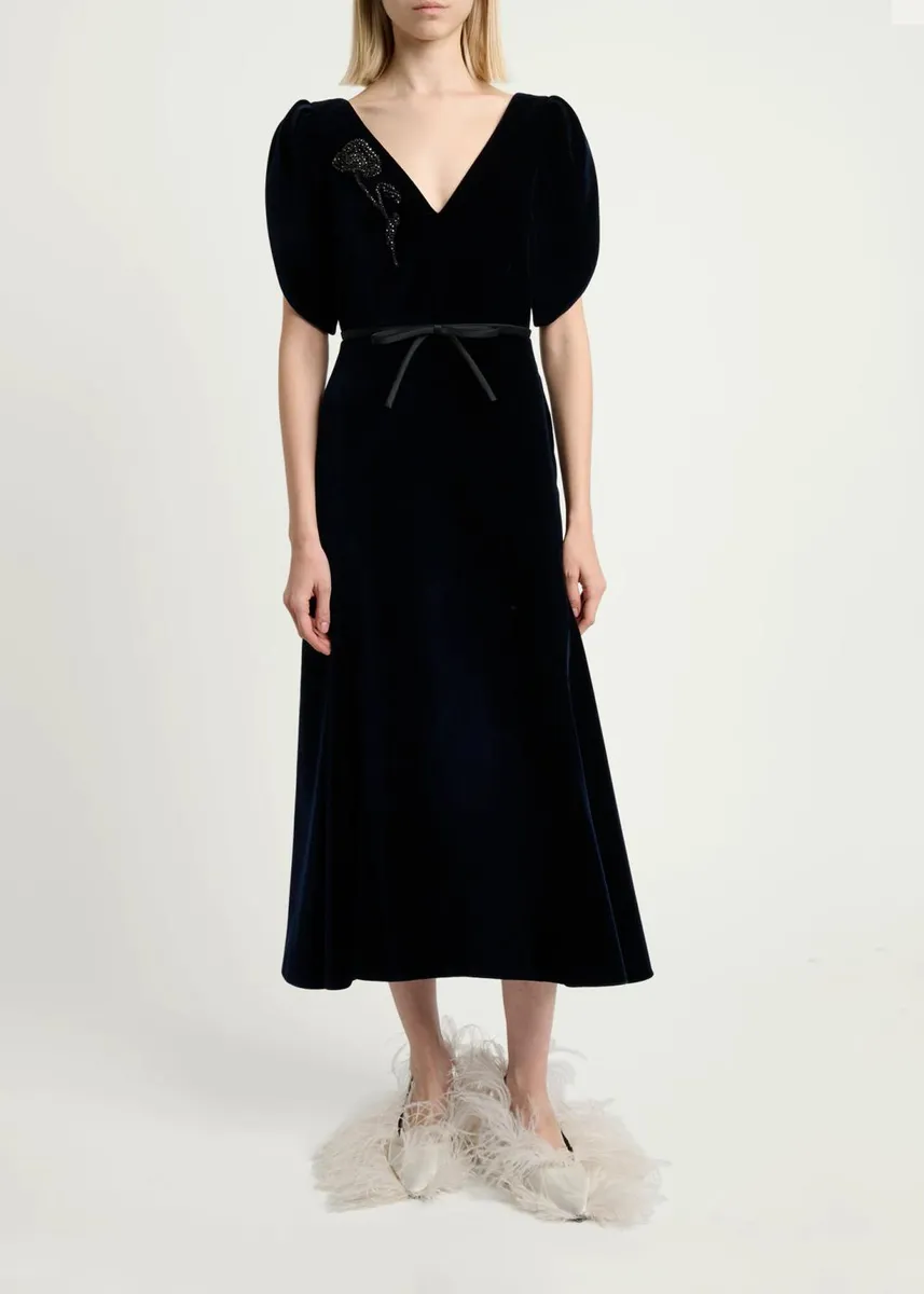 Erdem Embellished Velvet Short-Sleeve A-Line Midi Dress | Thumbnail 2 Erdem Embellished Velvet Short-Sleeve A-Line Midi Dress | Thumbnail 2