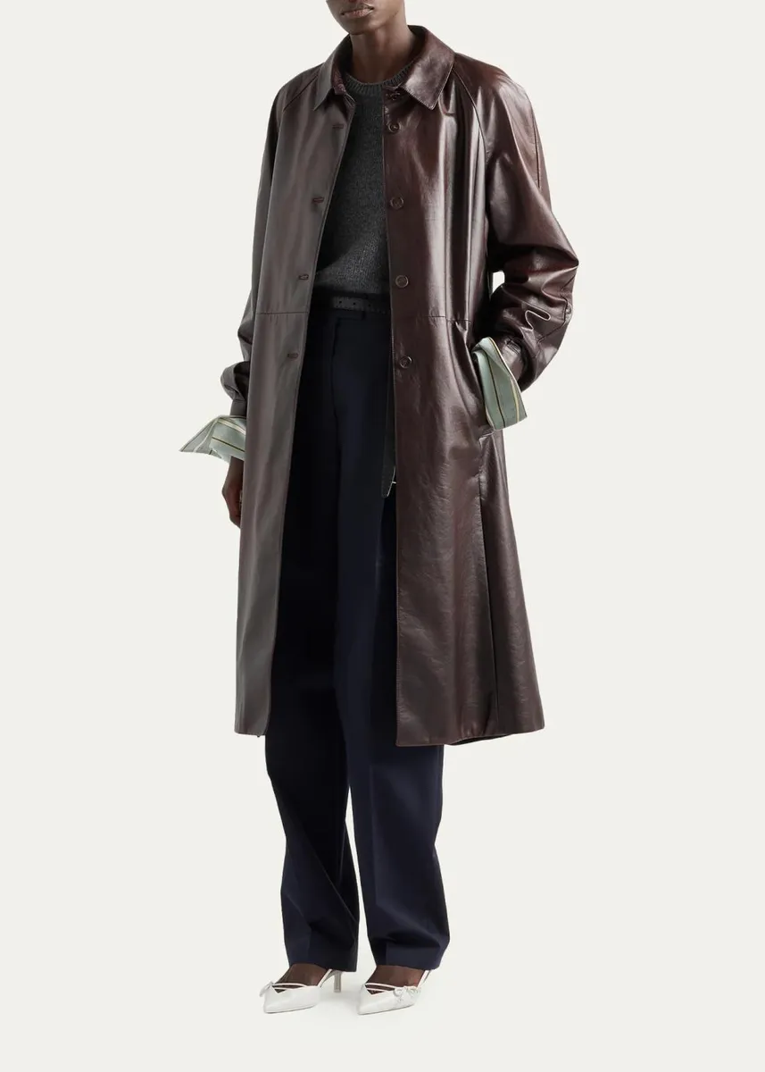 Prada Leather Single-Breasted Long Coat | Thumbnail 2 Prada Leather Single-Breasted Long Coat | Thumbnail 2