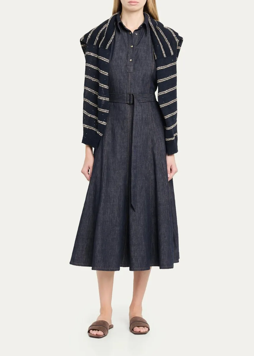 Brunello Cucinelli Sleeveless Linen Denim Belted Midi Shirtdress | Thumbnail 2