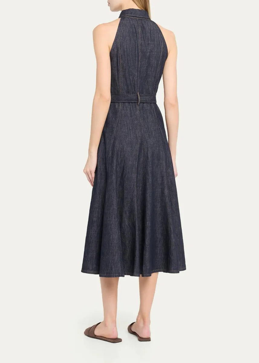 Brunello Cucinelli Sleeveless Linen Denim Belted Midi Shirtdress | Thumbnail 3