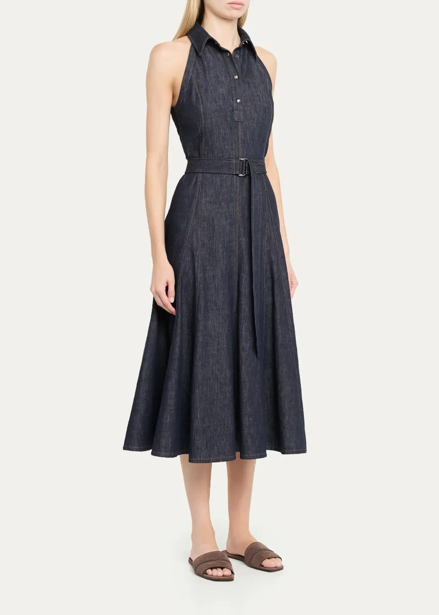 Brunello Cucinelli Sleeveless Linen Denim Belted Midi Shirtdress | Thumbnail 4
