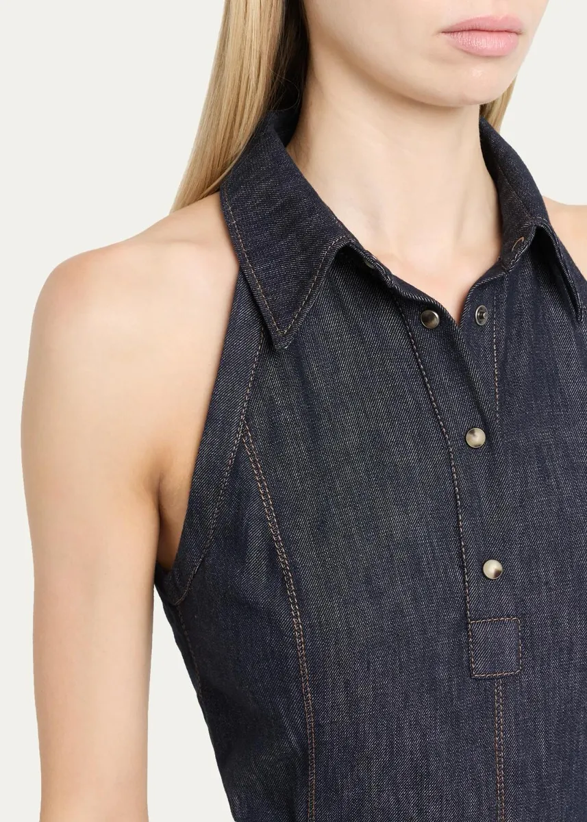 Brunello Cucinelli Sleeveless Linen Denim Belted Midi Shirtdress | Thumbnail 5