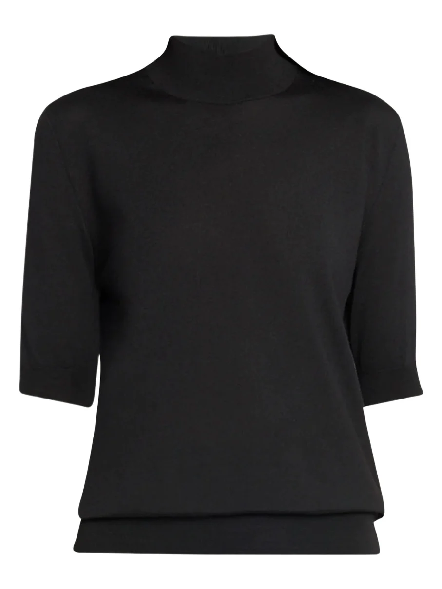Quser Mock-Neck Fine Wool Elbow-Sleeve Top Quser Mock-Neck Fine Wool Elbow-Sleeve Top
