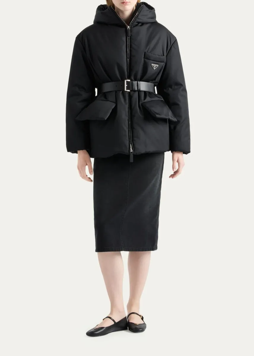 Prada Re-Nylon Belt Cinched Hooded Down Jacket | Thumbnail 2 Prada Re-Nylon Belt Cinched Hooded Down Jacket | Thumbnail 2