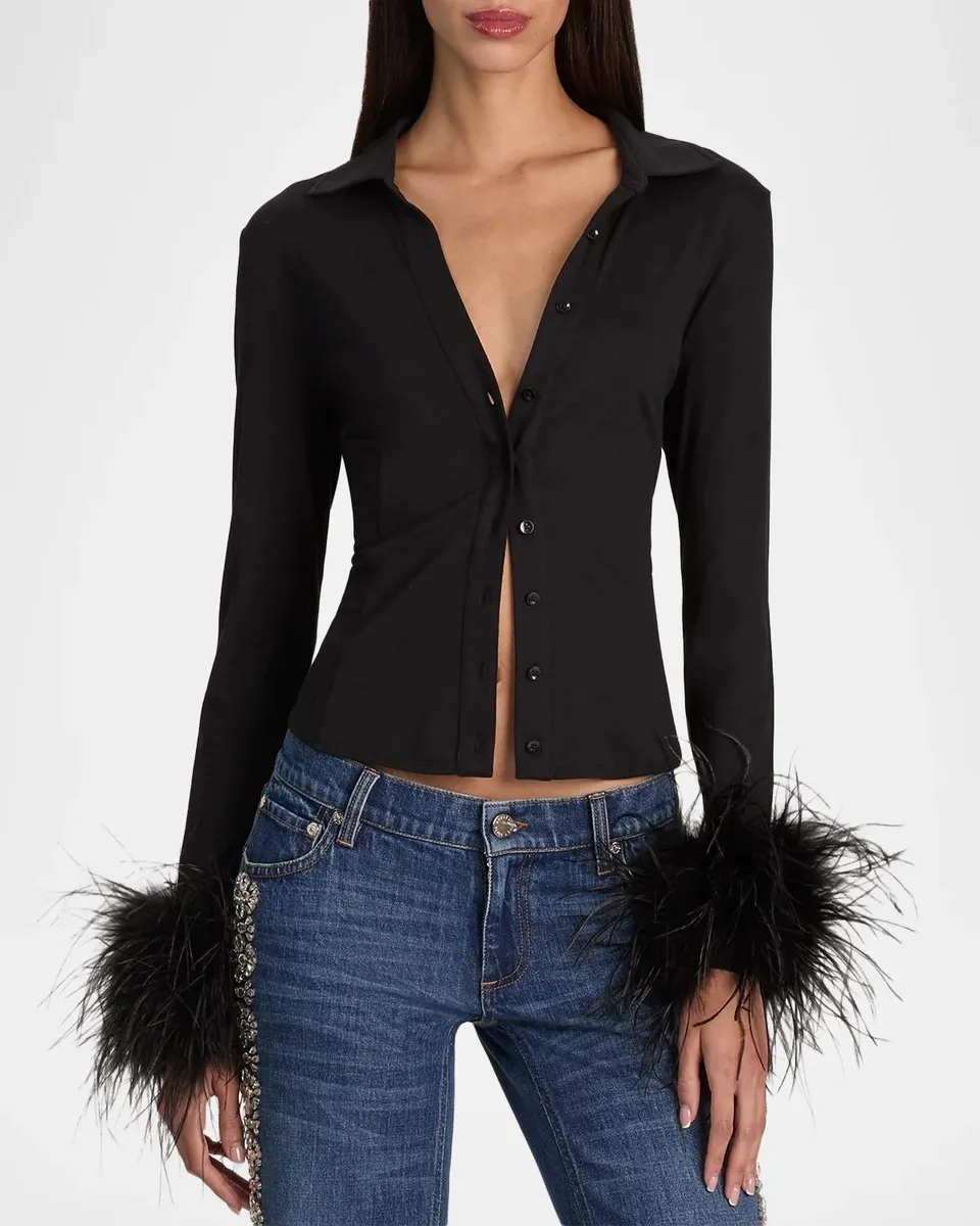 Alice + Olivia Freya Feather-Cuff Top | Thumbnail 4 Alice + Olivia Freya Feather-Cuff Top | Thumbnail 4