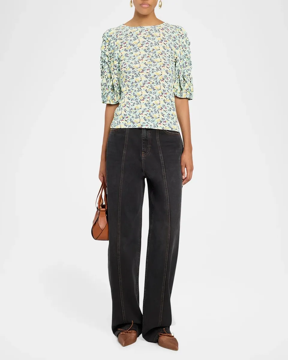 Ulla Johnson Rubi Floral Jersey Flutter-Sleeve Blouse | Thumbnail 2 Ulla Johnson Rubi Floral Jersey Flutter-Sleeve Blouse | Thumbnail 2