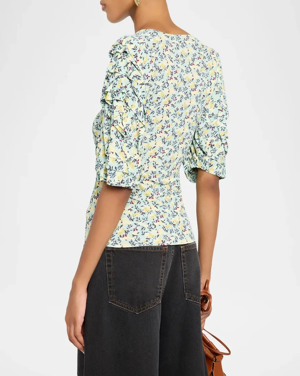 Ulla Johnson Rubi Floral Jersey Flutter-Sleeve Blouse | Thumbnail 3 Ulla Johnson Rubi Floral Jersey Flutter-Sleeve Blouse | Thumbnail 3